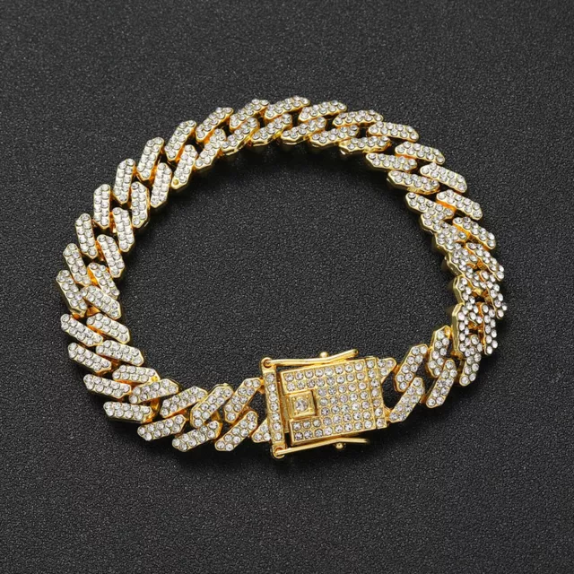 Men's 12MM 14K Gold Plated Iced CZ Out Solid Miami Cuban Link Bracelet Or Chain