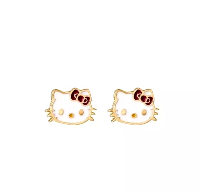 Gold White Hello Kitty Cat Red Bow Kitten Stud Earrings