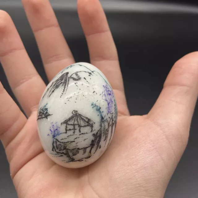 Vintage Asian Etched Hand Painted Marble Alabaster Egg