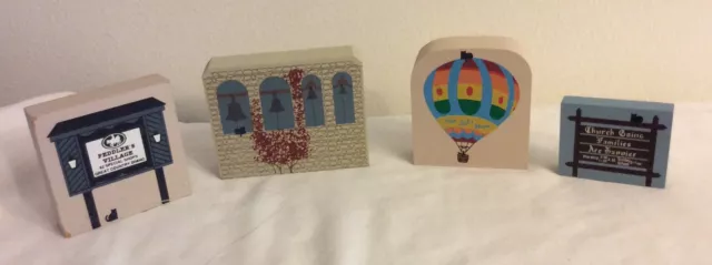 Cat's Meow Village Lot of 4 Wood Shelf Sitters - Church Sign, Bells, Hot Air Bal