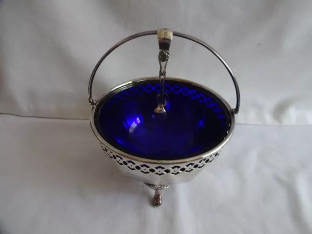 Vintage MAPPIN & WEBB Silver Plated Sugar Bowl with Blue Glass Liner & Tongs