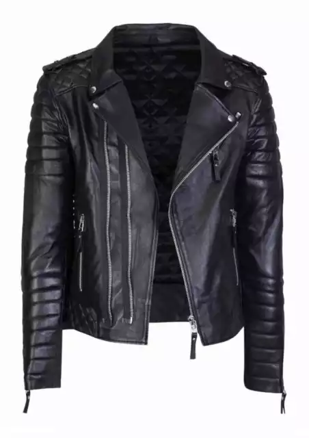 Men's Genuine Lambskin Quilted Leather Motorcycle Jacket Slim fit Biker Jacket 3