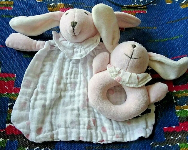 Kp/ Doudou  Plat Atmosphera Lapin Lange Blanc Pois Rose + Hochet Exc Etat