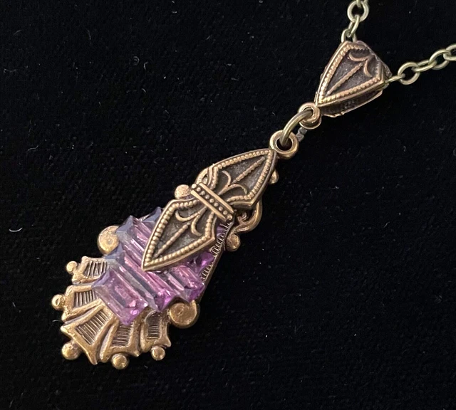 Vintage Necklace Art Deco Antique Amethyst Rhinestone & Brass Filigree Pendant