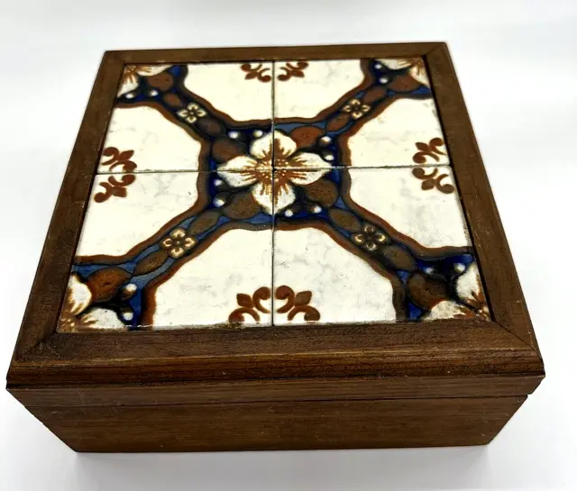 Vintage Mexican Wood Box Blue Brown Talavera Tile Inlay Top Trinket Jewelry Box