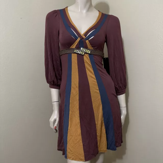 Women’s Terracotta Striped Rayon Casual Stretch Brooch Slits Size S Dress Tunic