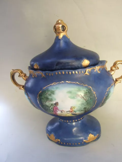 Victorian Style Blue Scenic Porcelain Urn/ Vase Painted Signed Boy Mosley 1972