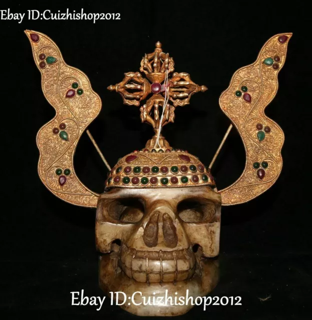 Old 24K Gold Filigree Gem Natural Crystal Human Skeleton Skull Head Faqi Statue