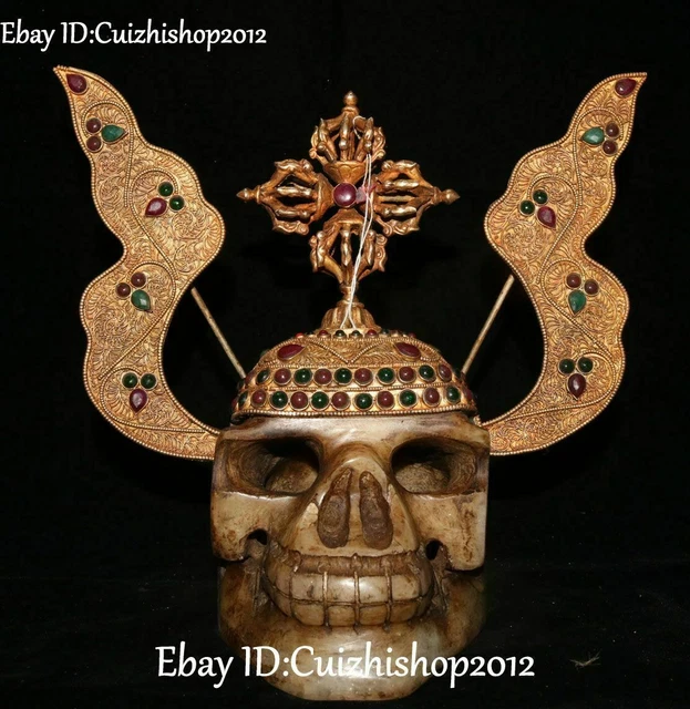 Old 24K Gold Filigree Gem Natural Crystal Human Skeleton Skull Head Faqi Statue