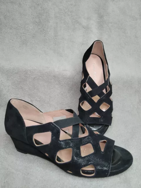 TARYN ROSE "Soukey" Black Leather Low Wedge Elastic Strappy Sandal Sz/6.5