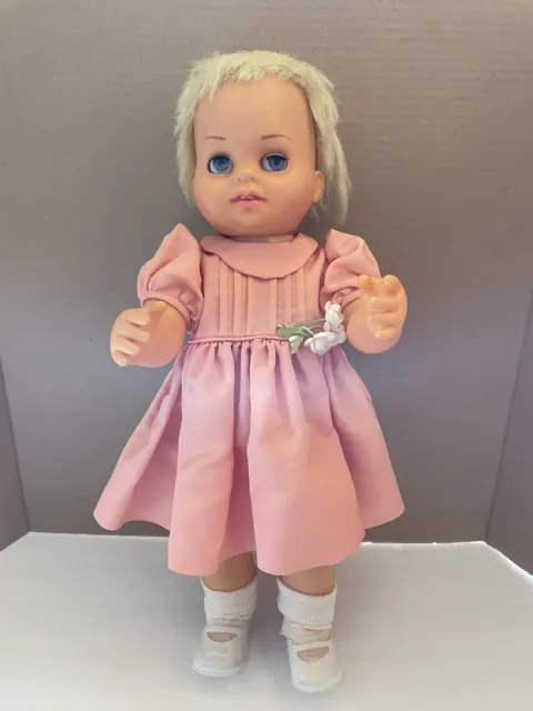 1960’S Mattel 17” Blonde Chatty Cathy Baby In Hand Made Vtg Peach Pink Dress