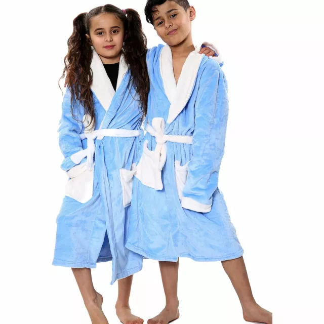 Kids Girls Boys Blue Dressing Gown Super Soft Fleece Fluffy Bathrobe 2-13 Years