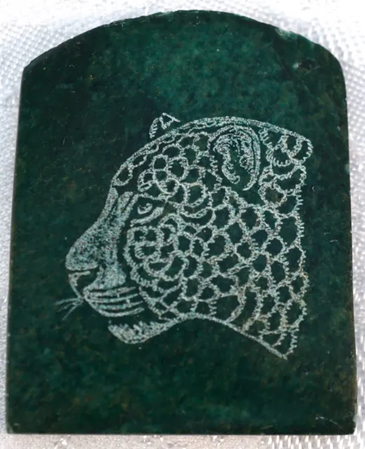 Jade Green Stone with Etched Profile of a Cheetah