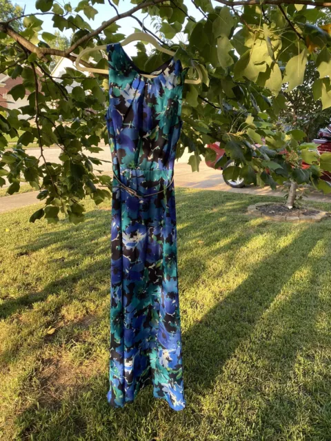 Eliza J Womens Chiffon Floral Maxi Dress Size 4 Blue Green Sleeveless Gala Party