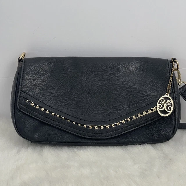 Vieta Black Leather Crossbody Bag Purse Goldstone Accent Clutch Convertible