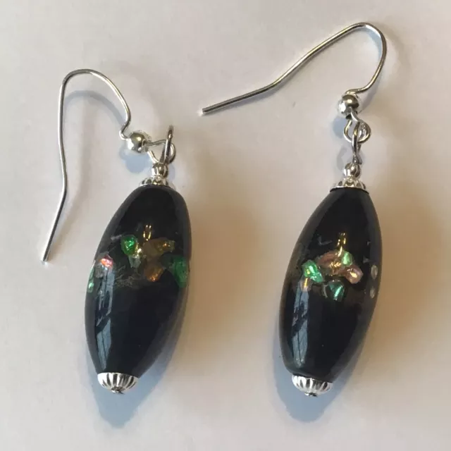 New Vintage Black Foil Glass Bead Pierced Dangling Earrings