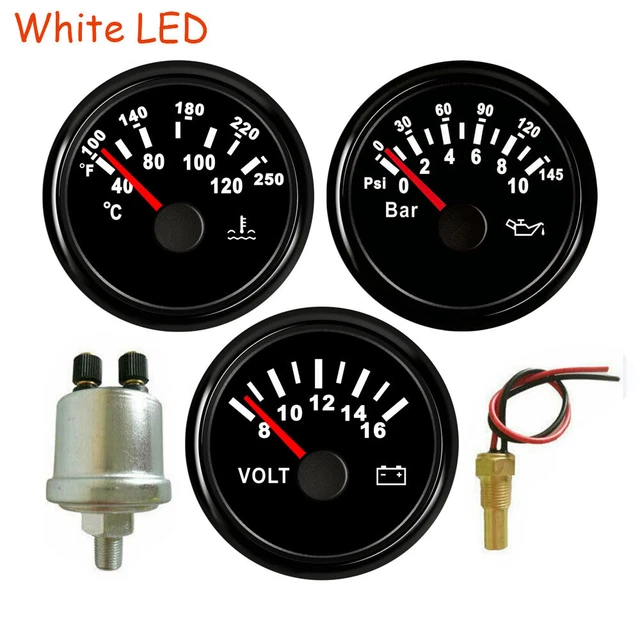 52MM 3 GAUGE Set with Senders Oil Pressure Volt Water Temp Gauge White