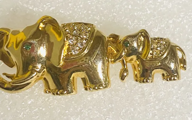 Elephant Mom and Baby Brooch Pin Pave Clear Rhinestones Green Eyes Gold Tone