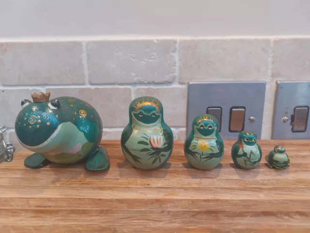 Set Of 5 Wooden Nesting Frog Prince Russian Dolls Matryoshka Vintage Handpainted