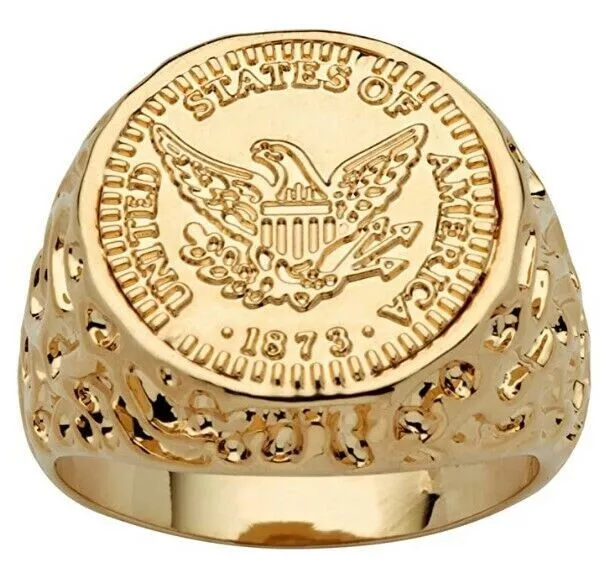 Eagle Coin Replica Nugget Men's Ring Jewelry Gift 14K Yellow Gold Plated