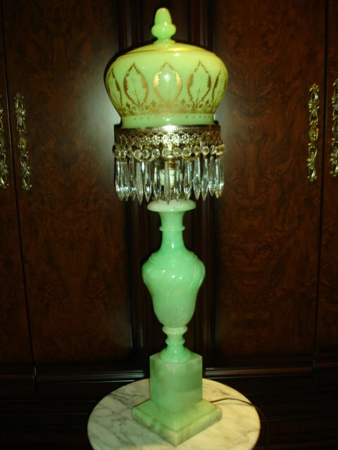Antique Green Marble Lamp With Vaseline Glass Shade From Vatican