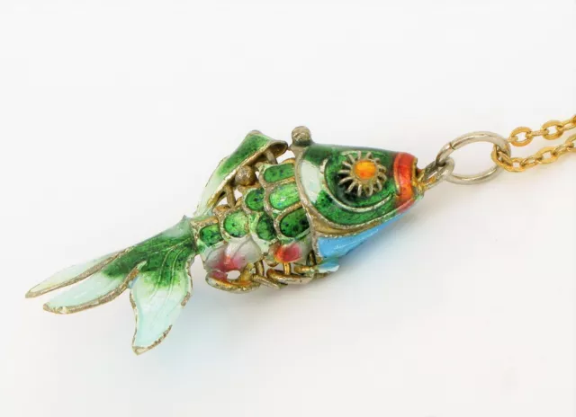 Vtg Beautiful Sterling Silver Chinese Export Cloisonne Fish Pendant Articulated