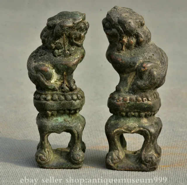 3.6” Chinese Bronze  Fengshui Foo Fu Dog Guardion Lion Pair copper  statue