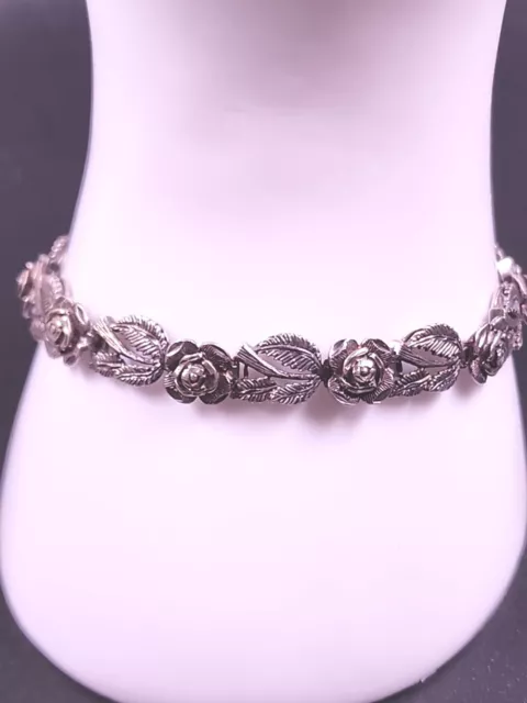 Vintage Stefani Argento Sterling Silver 3D Rose & Leaf Link Bracelet 7.5" 13g
