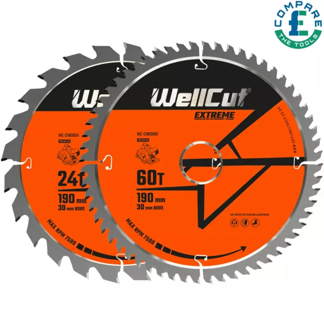 WellCut Extreme TCT Saw Blade 190mm x 30mm Bore 24 & 60 Teeth For Makita & Bosch