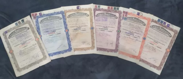 Unione Manifatture- 6 Certificati Varie  Azioni Anno 1947