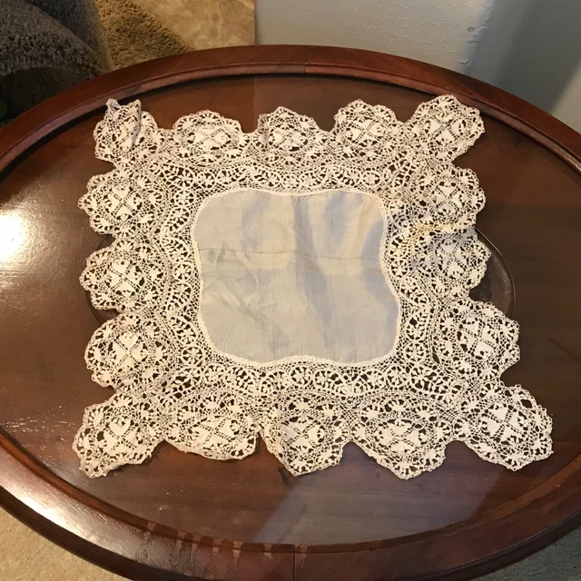 Antique Victorian Handmade Maltese Lace Edge Silk Bridal Handkerchief