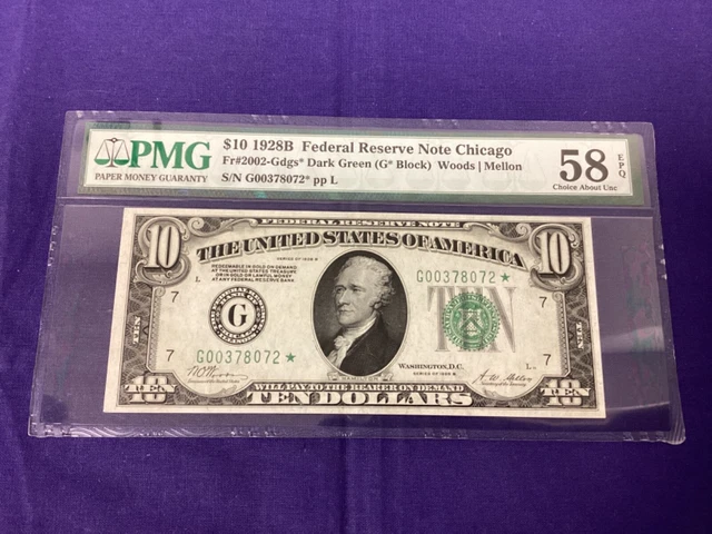 1928B $10 Federal Reserve Note - Chicago - FR#2002-J - *STAR* Note - PMG 58 EPQ