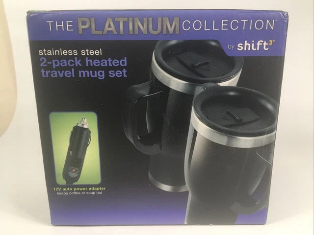 Heated Travel Mug Set Stainless Steel 2-Pack W/ 2 12V Auto Power Adapters Black