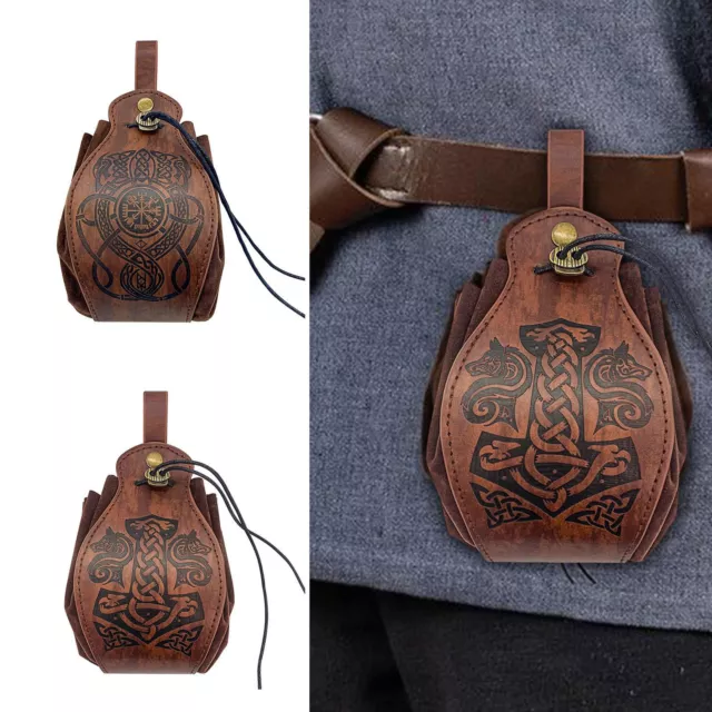 Medieval PU Leather Pouch Vintage Belt Drawstring Purse Viking Waist Bag Cosplay