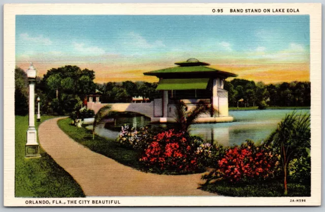Vtg Orlando Florida FL Band Stand on Lake Eola 1930s Unused Linen View Postcard