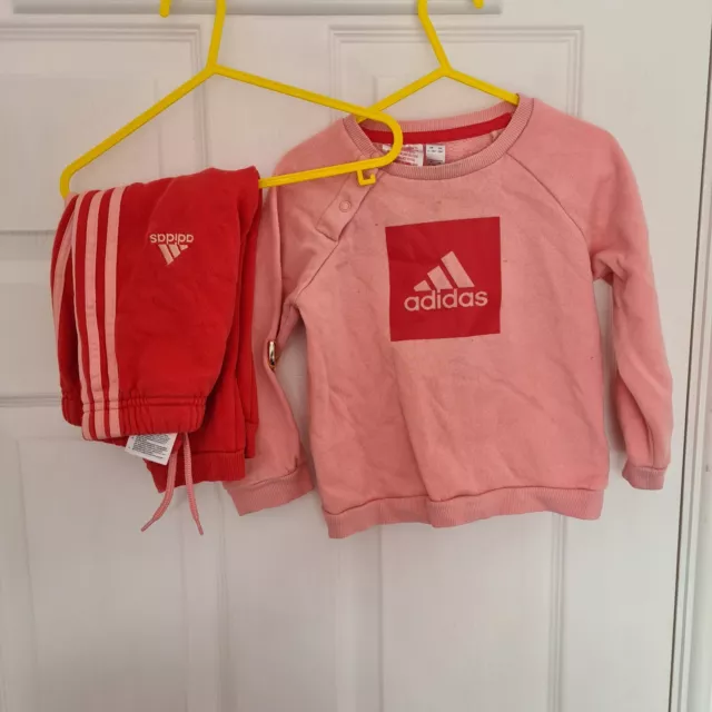 addias tracksuit girls Pink and red sweatshirt and jogger pants. UK 12-18 months