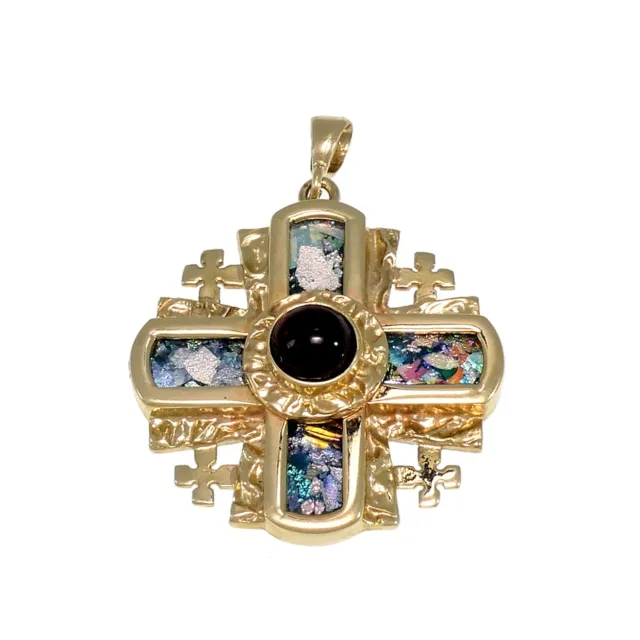 Unique 14K Yellow Gold Jerusalem Cross, Ancient Roman Glass Pendant, with Grenat