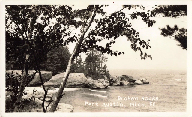 CEN Point Aux Barque Port Austin MI RPPC MOTHER NATURE & a COTTAGE ON THE ROCKS1