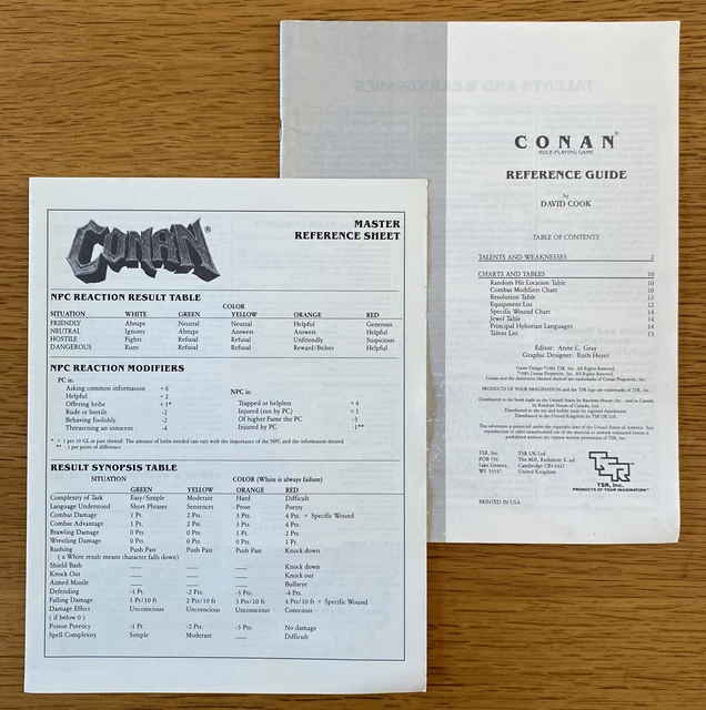 CONAN FANTASY ROLE Playing Game Reference Guides Master Sheet 1985 ...
