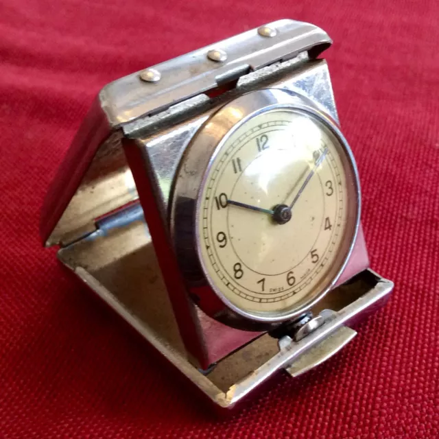 Antique Vintage SWISS Travel Watch,Unusual Folding Pocket Clock,Wind Up,Art Deco