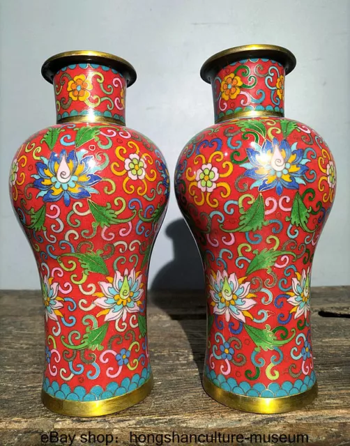 10"Qianlong Marked China Cloisonne enamel Bronze Dynasty Flower Bottle Vase Pair