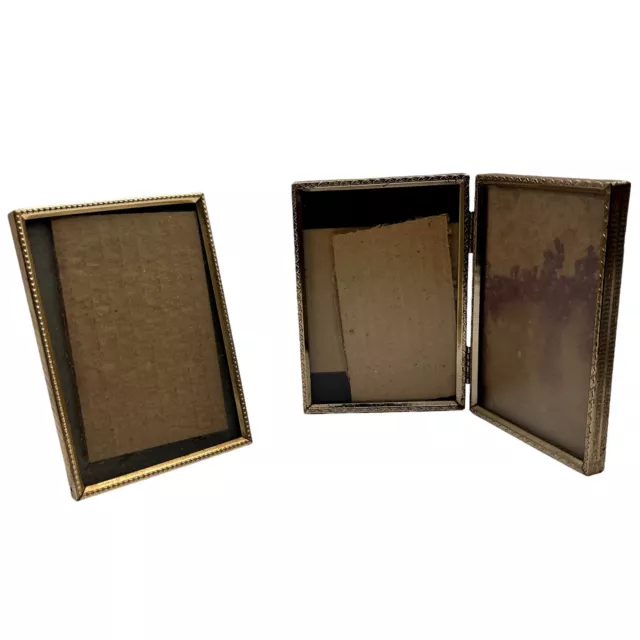 Lot of 2 Vintage Double Folding PHOTO Frame Hinged Gold Tone Metal MCM Rectangle