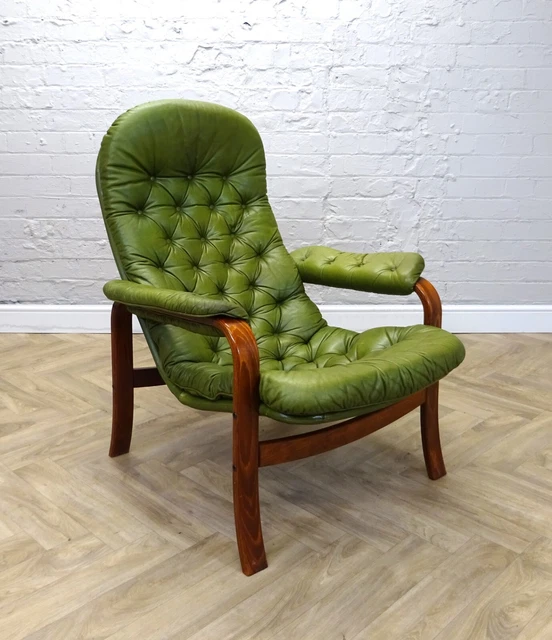 Mid-Century Vintage Swedish Green Leather Lounge Armchair by Gote Mobler 1970s