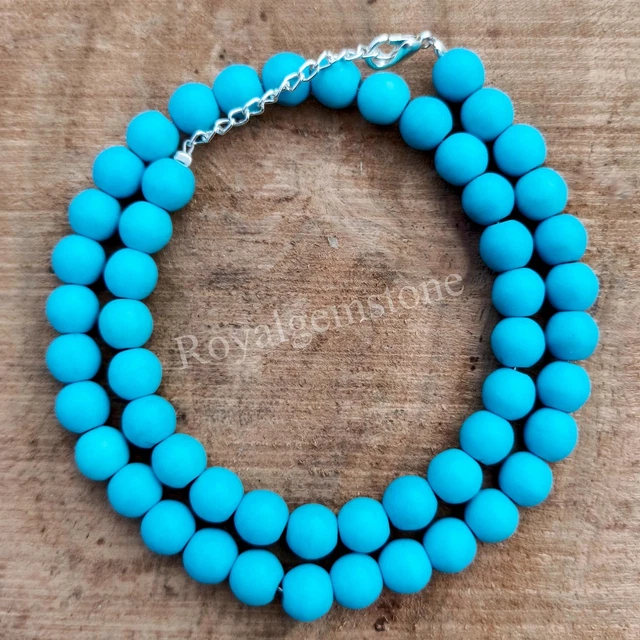 Collier Vintage Perles De Porcelaine Bleu Turquoise - Bijou Ancien Magnifique