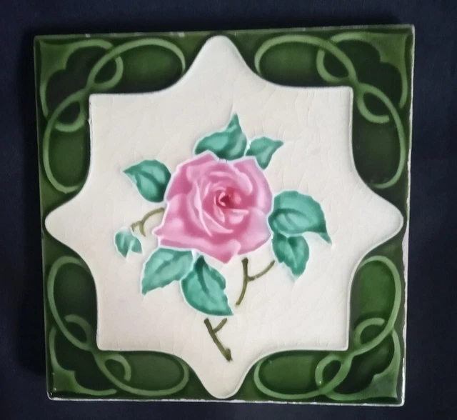 Antique Richards Art Nouveau Fireplace Tile Rose Floral  6"X6" England 1900s