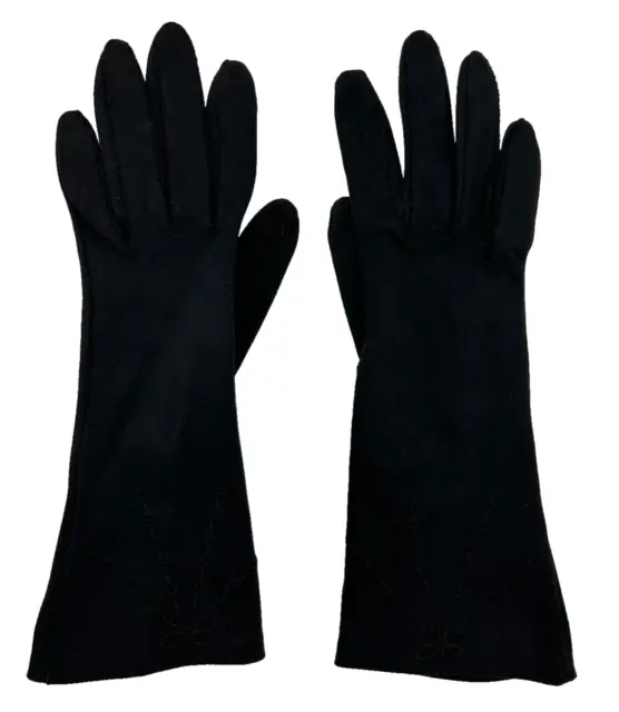 Vintage Girls Cotton Dress Gloves Black with Embroidered Eyelet Design 10.5"