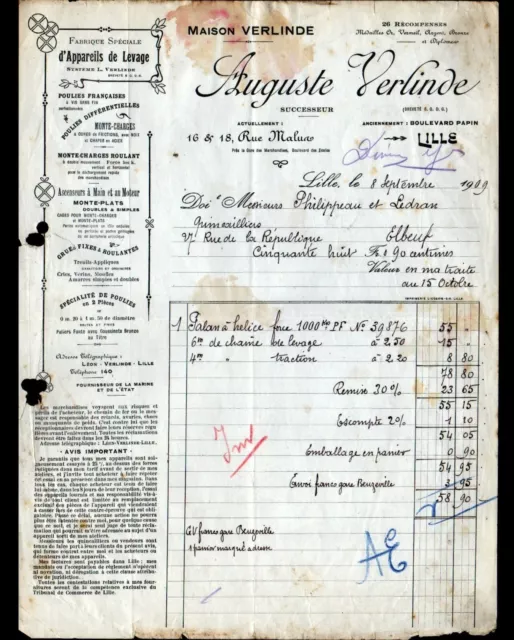 LILLE (59) USINE / APPAREILS DE LEVAGE "Auguste VERLINDE" Facture en 1909