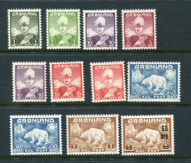 GREENLAND 1938-56 MNH Set + MH Overprinted Polar Bear 11 Stamps