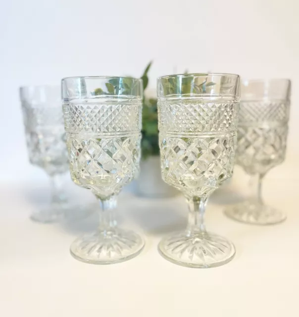 Vintage Pressed Glass Heavy Stemmed Goblets Wine Glasses Drinks, Cut Diamond