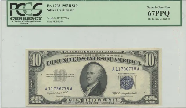 1953B $10 Silver Certificate FR#1708 PCGS 67PPQ Superb Gem